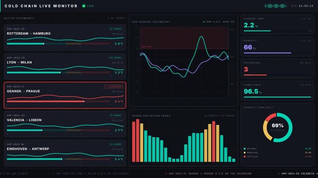 A high-tech cold chain shipment temperature and humidity tracking dashboard featuring real-time data visualization and alerts for effective monitoring of logistics operations.