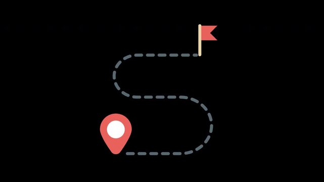 Map route animation with red location pin markers and a dashed path for GPS navigation, travel, and destination tracking on with transparent alpha channel.
