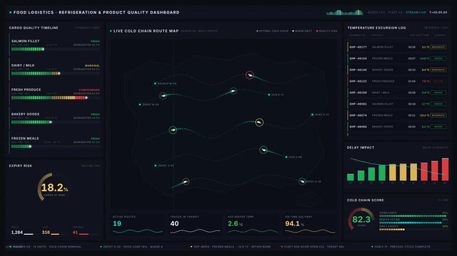 Explore a detailed food logistics refrigeration and product quality dashboard featuring real-time data visualization and animated routes for optimal cold chain management.