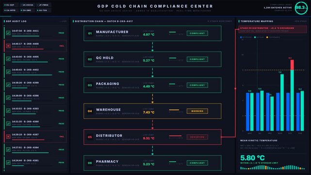 Explore the Pharmaceutical Cold Chain GDP Compliance Dashboard featuring an animated SVG flow diagram, compliance metrics, and temperature mapping for regulatory standards.