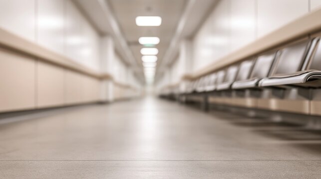 Empty hospital corridor with rows of chairs and