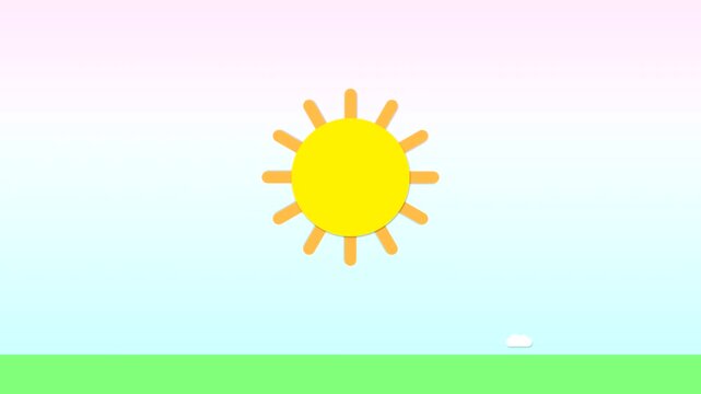 Minimalist cartoon sun shining in pastel gradient sky over simple green field landscape
