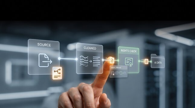 AI Data Provenance - A hand interacts with a digital interface to trace the lineage of AI data from source through cleaning and rights checks to final AI dataset.