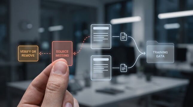 AI Data Provenance - A hand selects a missing source file from training data records for verification or removal, while other records continue in the background.