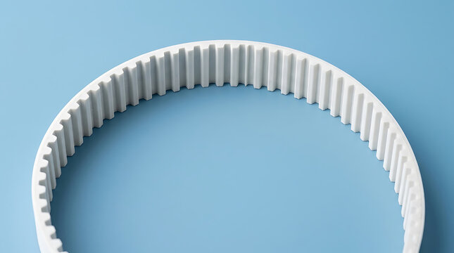 A close up view of a white rubber toothed timing belt isolated on a light blue background representing industrial machinery components and mechanical power transmission