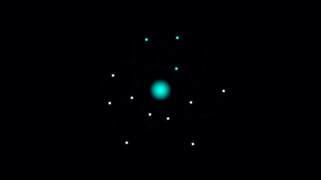 Concept of atomic nucleus with orbiting electrons in quantum physics illustration on black background