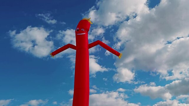 Red inflatable waving arm tube man dancing against a clear blue sky.