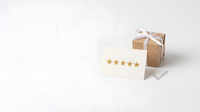 Brown craft gift box tied with white ribbon beside a clean card displaying five golden stars representing excellent customer service ratings on a smooth and bright minimalist white background studio.