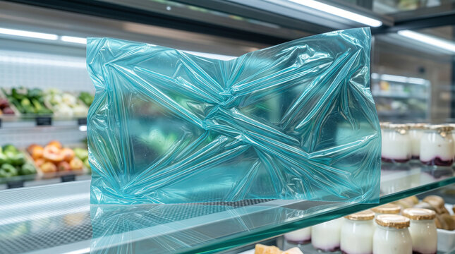 Blue translucent plastic film wrapped tightly around an invisible rectangular object on a supermarket shelf