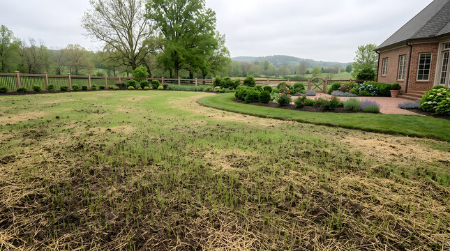 Newly seeded lawn with young grass sprouts growing through straw mulch in a residential backyard, featuring a brick house, professional landscaping, garden fence, and green trees for home improvement.