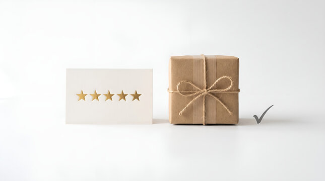 Small brown gift box wrapped in rustic twine next to white card featuring five golden stars indicating top quality service or excellent customer satisfaction rating on bright white studio background
