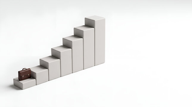 Professional leather briefcase sitting on the first step of a rising white three dimensional bar chart representing corporate financial growth and business success in a minimalist clean isolated studi