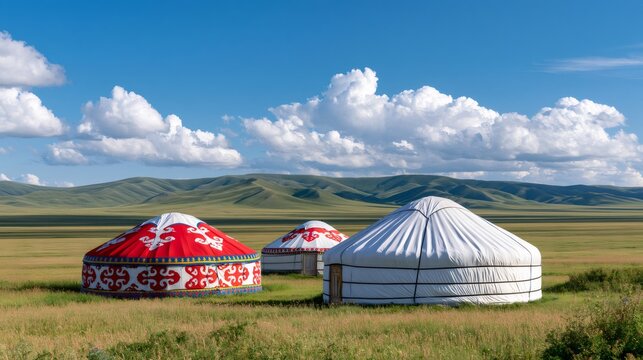Yurts standing on summer steppe landscape under blue sky