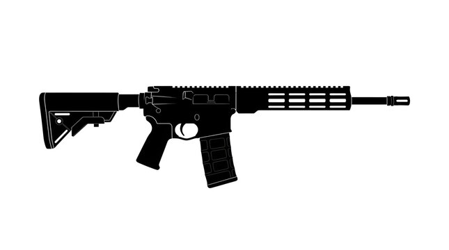Black silhouette of a modern tactical assault rifle isolated on a white background. Ideal for military, combat, and special forces concepts.