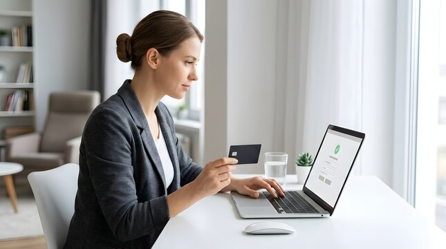 Professional woman holding credit card for online payment on laptop