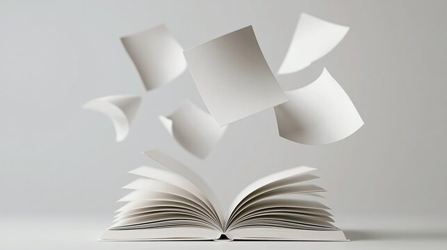 open book with pages floating upward against gray