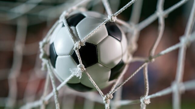 Black and white soccer ball caught in goal
