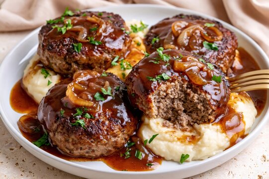 Salisbury steak with mashed potatoes and onion gravy