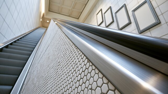 Low angle view of ascending escalator with geometric