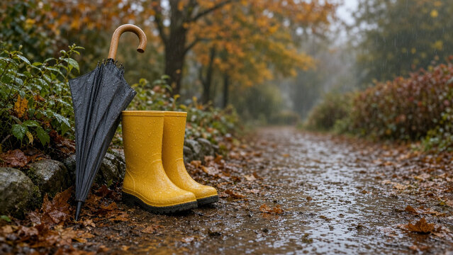 Yellow rain boots and umbrella on wet autumn leaf path rainy day