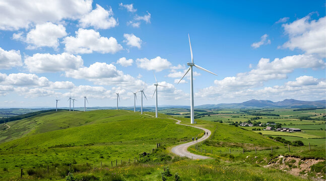 Sustainable energy stock image. Wind turbines on a green hill under a clear blue sky with a few fluffy clouds, wide shot, cinematic and clean.