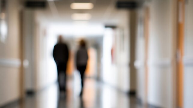 Silhouettes walking down blurred hospital corridor