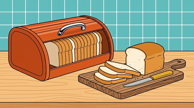 Rustic Wooden Breadbox With Freshly Sliced Loaf And Knife