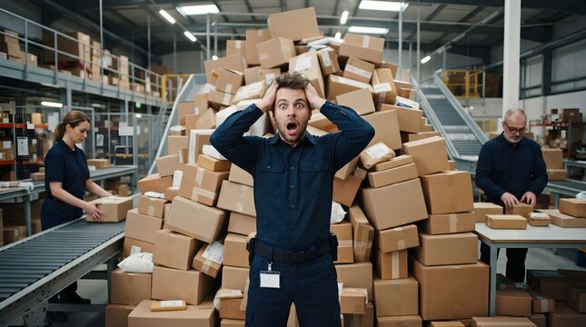 Stressed warehouse worker holding his head in panic surrounded by a huge mountain of stacked cardboard boxes and parcels in a distribution fulfillment center.