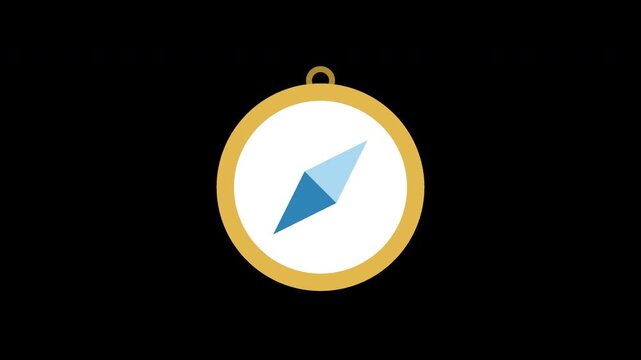 Flat animated compass icon with a spinning blue needle for navigation travel and direction guidance on chroma key with transparent alpha channel.