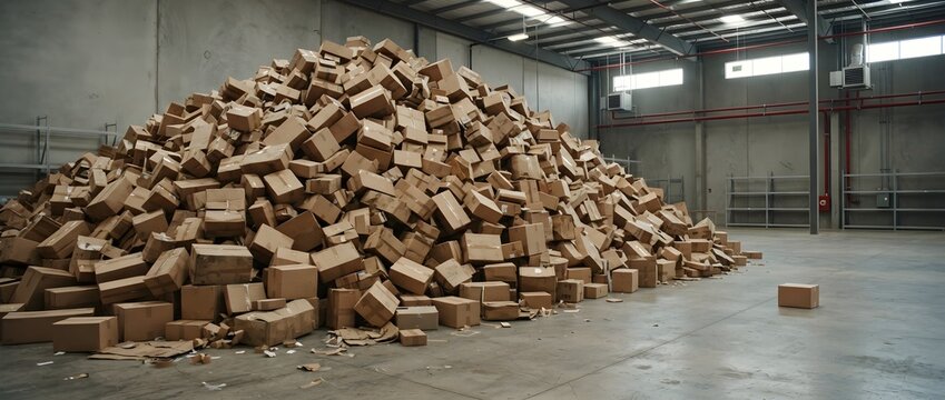A massive chaotic pile of cardboard shipping boxes filling the center of a large industrial warehouse, representing an overwhelming delivery backlog and logistical surplus.