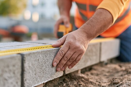 Construction worker measures concrete blocks with tape measure