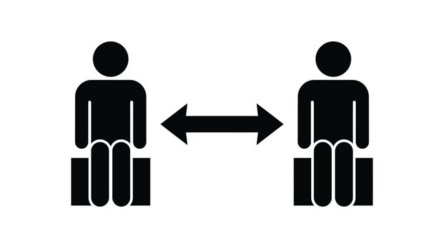 Minimalist vector illustration showing two people sitting apart with a directional arrow emphasizing social distancing for modern safety design graphics