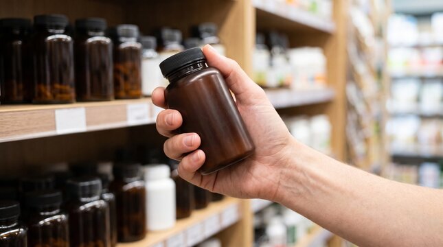 close-up of a customer's hand selecting a plain unbranded nutritional supplement bottle from a health food store shelf, minimalist packaging without labels, wellness retail environment