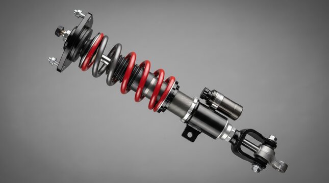 High performance coilover suspension system with red springs, adjustable shock absorber for racing cars, automotive tuning parts isolated on grey background, vehicle repair