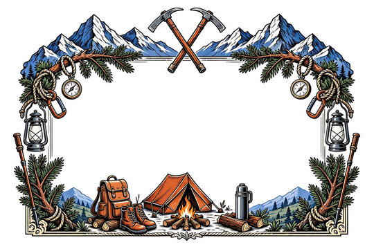 Decorative camping border illustration featuring mountains tent and campfire mountain landscape outdoor adventure hiking equipment nature illustration climbing axes