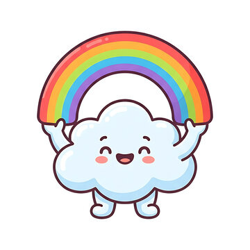 Cute cartoon cloud character holding a colorful rainbow isolated on a transparent background