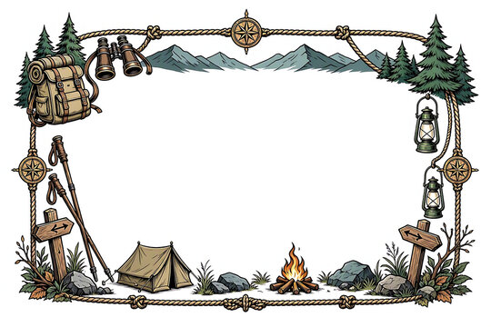 Wilderness adventure themed frame featuring camping gear and mountains adventure border hiking gear mountain background trekking poles pine trees outdoor activity
