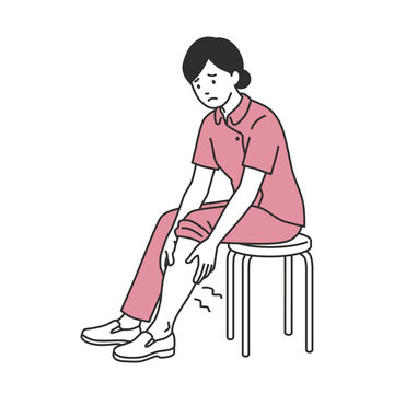 椅子に座り足のむくみやだるさに悩む女性看護師のイラスト