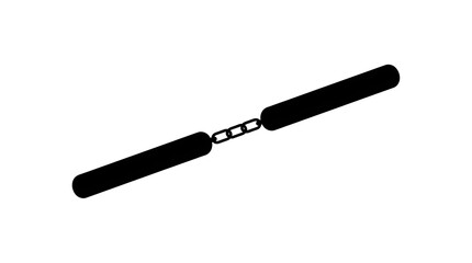 Fototapeta premium Minimalist black silhouette of nunchaku isolated on a white background. This traditional martial arts weapon icon represents ninja gear, self-defense, and karate.