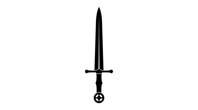 A black silhouette of a medieval sword or dagger pointing upwards, isolated on a white background. Perfect for fantasy, knight, and historical combat themes.