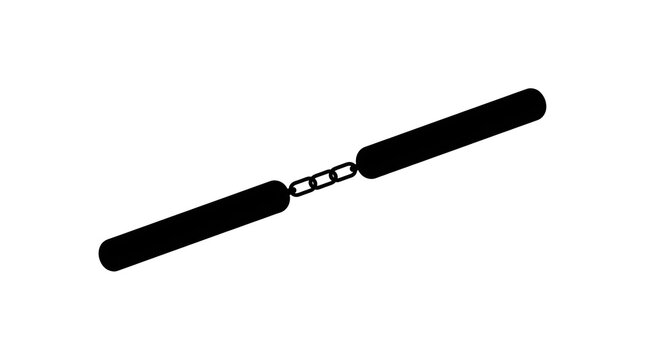 Minimalist black silhouette of nunchaku isolated on a white background. This traditional martial arts weapon icon represents ninja gear, self-defense, and karate.
