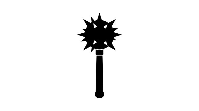 Black silhouette of a spiked mace or morning star weapon isolated on a white background. A graphic representation of medieval combat, knights, and ancient warfare.