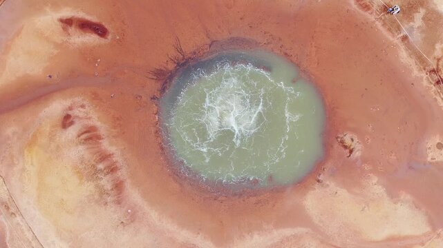 aerial hovering view turquoise bubbling devils eye mineral spring desert terrain china