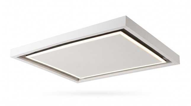 Modern white ceiling cooker hood with LED lighting, minimalist kitchen extractor fan for contemporary interior design, sleek ventilation appliance isolated PNG with Transparent Background