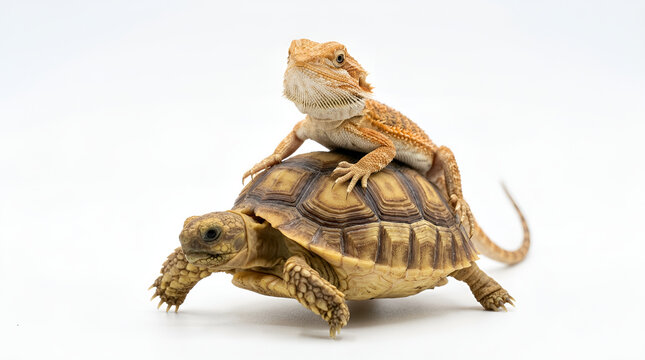 Orange spiky bearded dragon lizard sitting riding on back of brown land tortoise hexagonal pattern shell, funny interaction two exotic reptiles walking slowly, clean white minimalist background