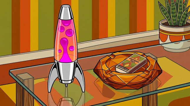 Groovy Seventies Rocket Lava Lamp And Glass Ashtray On Table