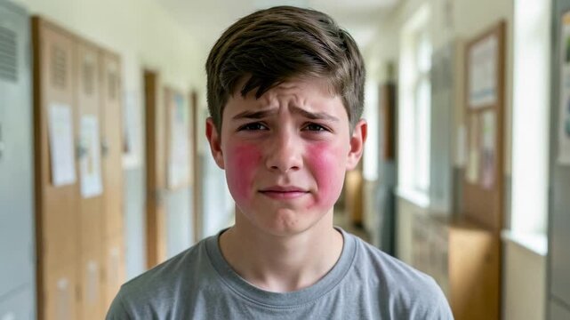 Bruised Teen Boy in Hallway.