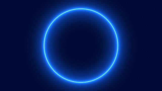 Bright glowing blue circular neon ring with soft outer glow and sharp inner edge centered on solid deep navy black background