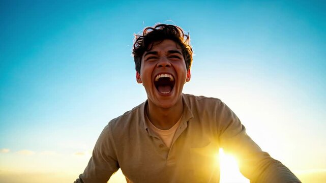 Joyful man shouting in sunset light outdoors.