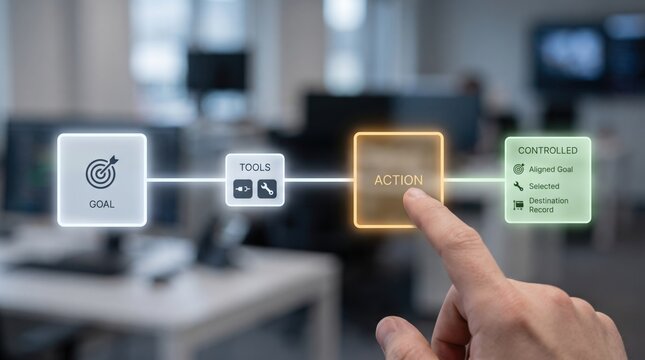 Agent Behavior Control - A human hand fine-tunes an AI agent&rsquo;s action boundary, maintaining stable goals and tools for controlled, precise behavior.